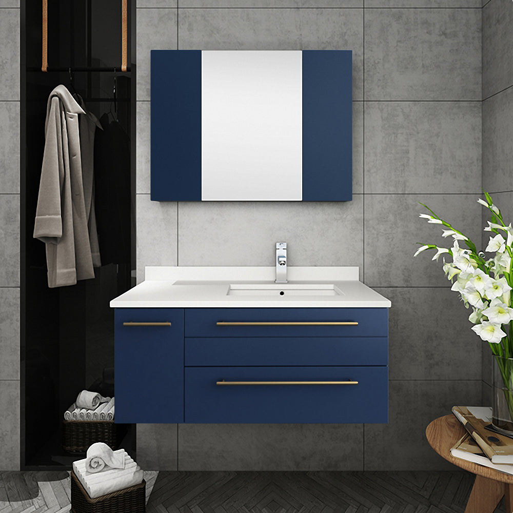 Fresca Lucera 36" Wall Hung Undermount Sink Modern Bathroom Vanity w/ Medicine Cabinet - Right Version - Luxe Bathroom Vanities