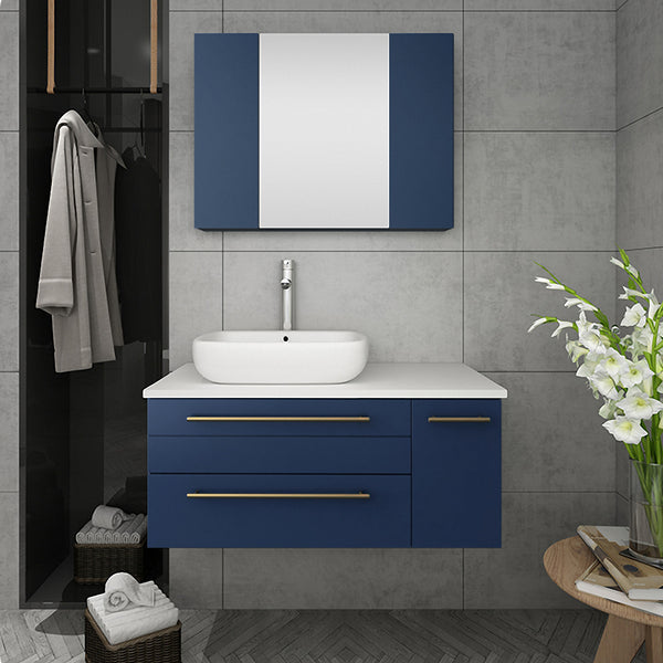Fresca Lucera 36" Wall Hung Vessel Sink Modern Bathroom Vanity w/ Medicine Cabinet - Left Version - Luxe Bathroom Vanities