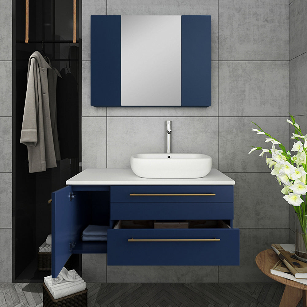 Fresca Lucera 36" Wall Hung Vessel Sink Modern Bathroom Vanity w/ Medicine Cabinet - Right Version - Luxe Bathroom Vanities