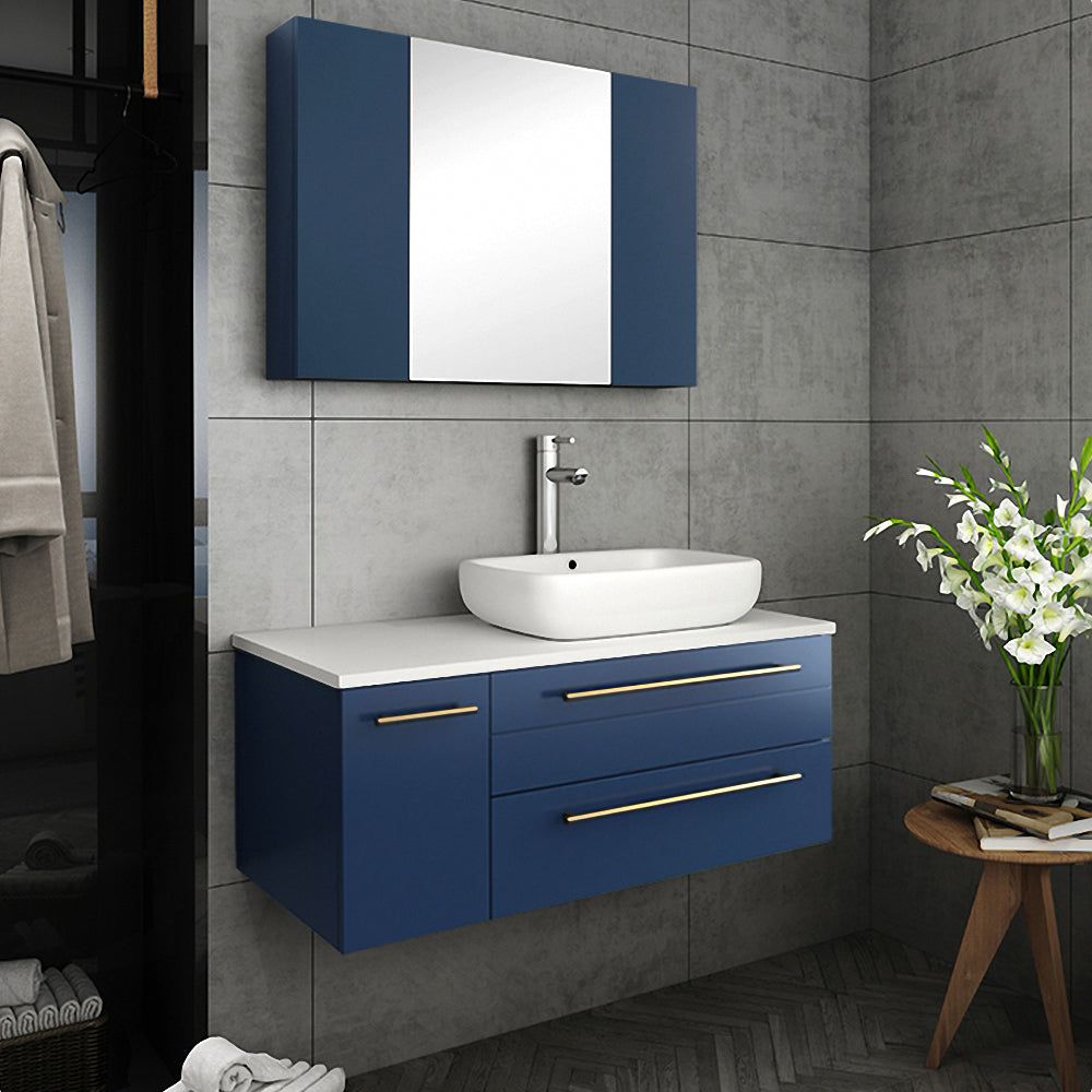 Fresca Lucera 36" Wall Hung Vessel Sink Modern Bathroom Vanity w/ Medicine Cabinet - Right Version - Luxe Bathroom Vanities