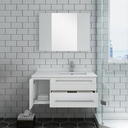 Fresca Lucera 36" White Wall Hung Undermount Sink Modern Bathroom Vanity w/ Medicine Cabinet - Left Version - Luxe Bathroom Vanities