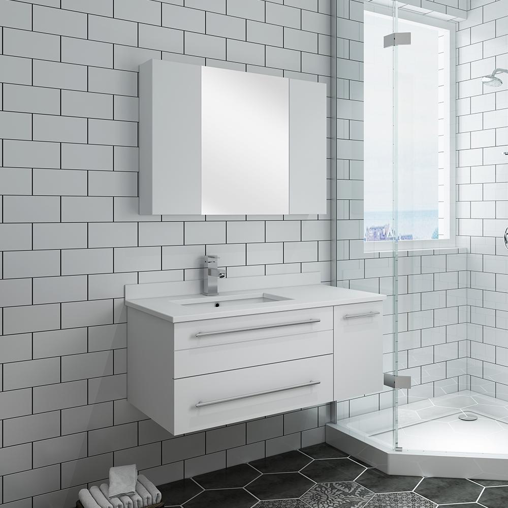 Fresca Lucera 36" White Wall Hung Undermount Sink Modern Bathroom Vanity w/ Medicine Cabinet - Right Version - Luxe Bathroom Vanities
