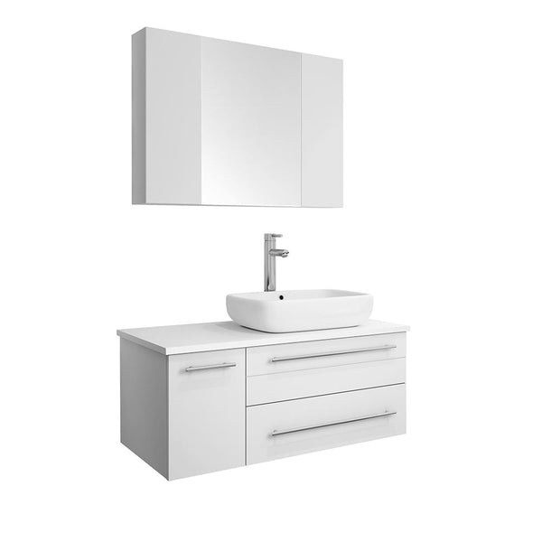 Fresca Lucera 36" White Wall Hung Vessel Sink Modern Bathroom Vanity w/ Medicine Cabinet - Left Version - Luxe Bathroom Vanities