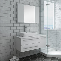 Fresca Lucera 36" White Wall Hung Vessel Sink Modern Bathroom Vanity w/ Medicine Cabinet - Right Version - Luxe Bathroom Vanities