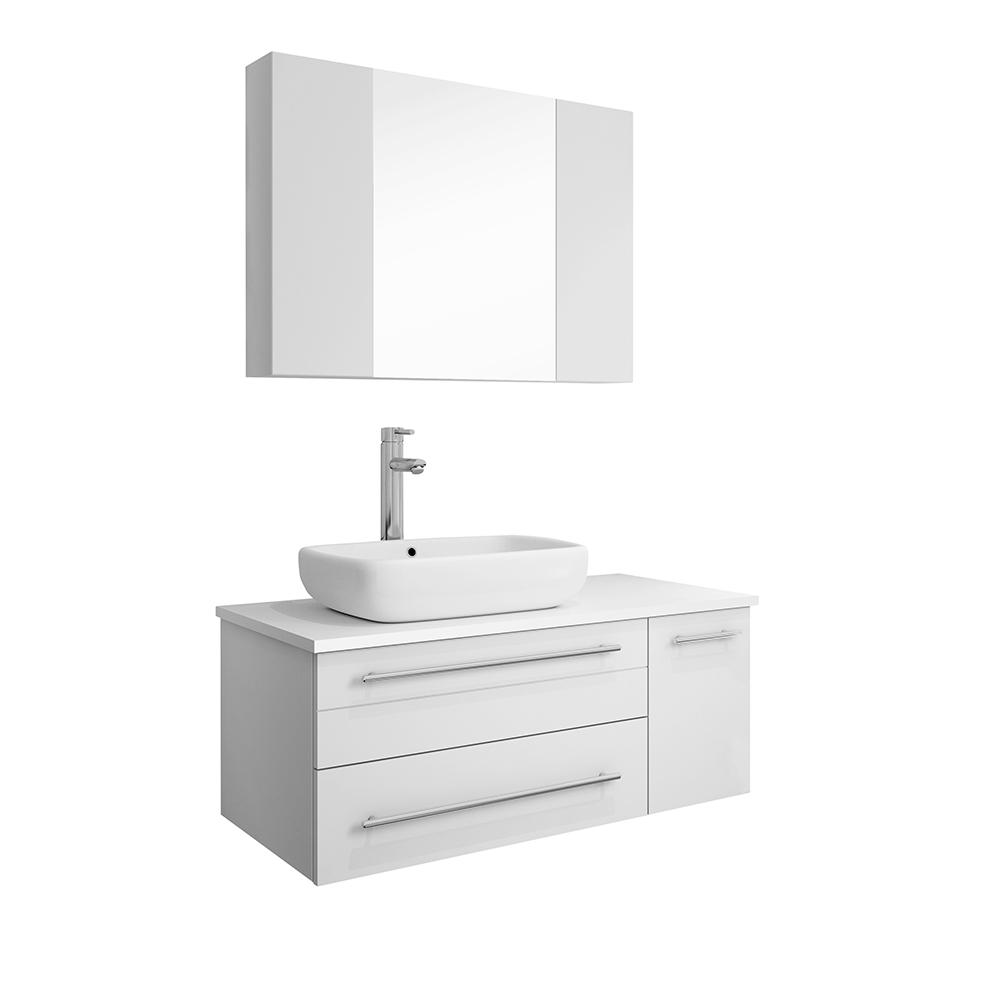 Fresca Lucera 36" White Wall Hung Vessel Sink Modern Bathroom Vanity w/ Medicine Cabinet - Right Version - Luxe Bathroom Vanities