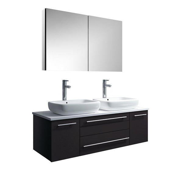 Fresca Lucera 48" Espresso Wall Hung Double Vessel Sink Modern Bathroom Vanity w/ Medicine Cabinet - Luxe Bathroom Vanities