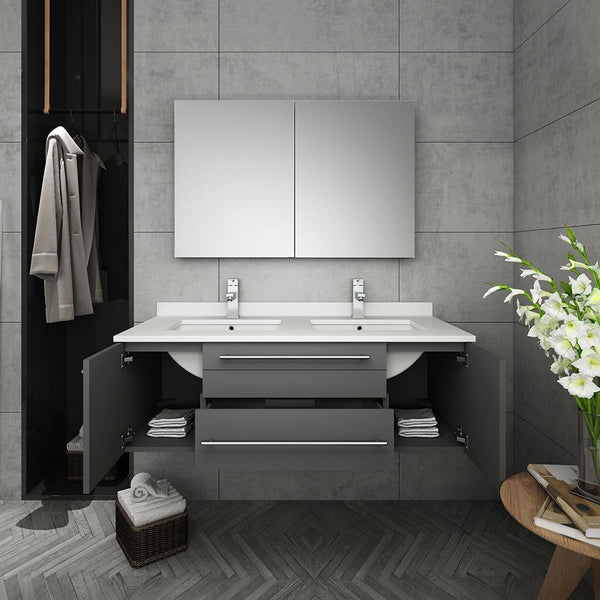 Fresca Lucera 48" Gray Wall Hung Double Undermount Sink Modern Bathroom Vanity w/ Medicine Cabinet - Luxe Bathroom Vanities