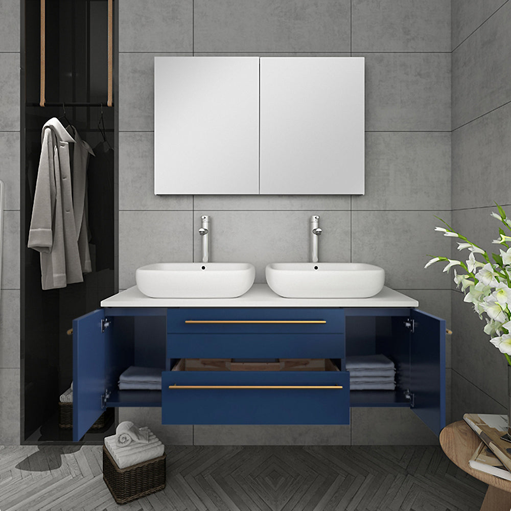 Fresca Lucera 48" Wall Hung Double Vessel Sink Modern Bathroom Vanity w/ Medicine Cabinet - Luxe Bathroom Vanities