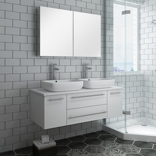 Fresca Lucera 48" White Wall Hung Double Vessel Sink Modern Bathroom Vanity w/ Medicine Cabinet - Luxe Bathroom Vanities