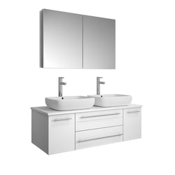 Fresca Lucera 48" White Wall Hung Double Vessel Sink Modern Bathroom Vanity w/ Medicine Cabinet - Luxe Bathroom Vanities