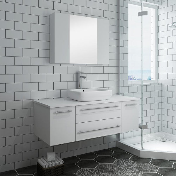 Fresca Lucera 48" White Wall Hung Vessel Sink Modern Bathroom Vanity w/ Medicine Cabinet - Luxe Bathroom Vanities