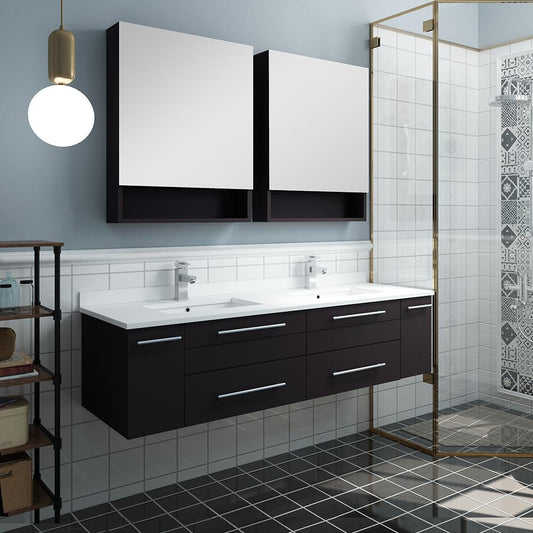 Fresca Lucera 60" Espresso Wall Hung Double Undermount Sink Modern Bathroom Vanity w/ Medicine Cabinets - Luxe Bathroom Vanities
