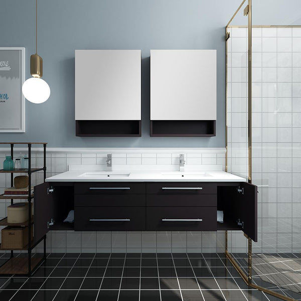Fresca Lucera 60" Espresso Wall Hung Double Undermount Sink Modern Bathroom Vanity w/ Medicine Cabinets - Luxe Bathroom Vanities