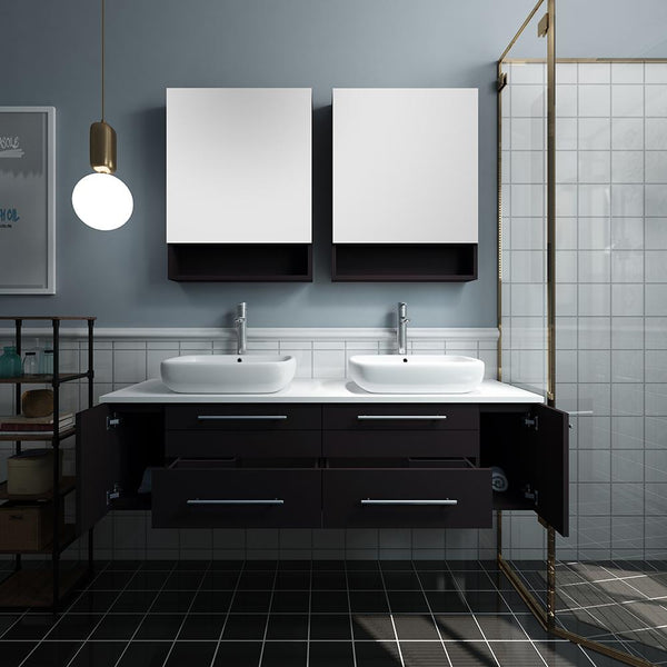Fresca Lucera 60" Espresso Wall Hung Double Vessel Sink Modern Bathroom Vanity w/ Medicine Cabinets - Luxe Bathroom Vanities