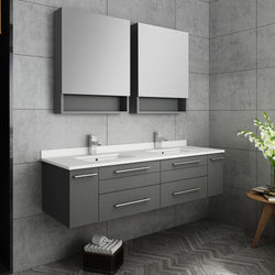 Fresca Lucera 60" Gray Wall Hung Double Undermount Sink Modern Bathroom Vanity w/ Medicine Cabinets - Luxe Bathroom Vanities