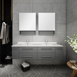 Fresca Lucera 60" Gray Wall Hung Double Undermount Sink Modern Bathroom Vanity w/ Medicine Cabinets - Luxe Bathroom Vanities