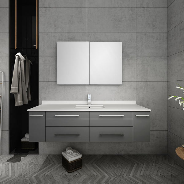 Fresca Lucera 60" Gray Wall Hung Single Undermount Sink Modern Bathroom Vanity w/ Medicine Cabinet - Luxe Bathroom Vanities