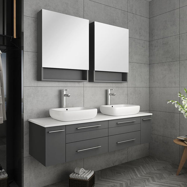 Fresca Lucera 60" Gray Wall Hung Double Vessel Sink Modern Bathroom Vanity w/ Medicine Cabinets - Luxe Bathroom Vanities