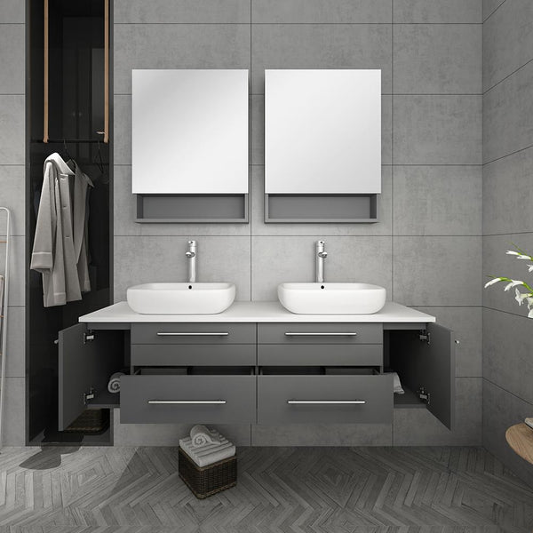 Fresca Lucera 60" Gray Wall Hung Double Vessel Sink Modern Bathroom Vanity w/ Medicine Cabinets - Luxe Bathroom Vanities