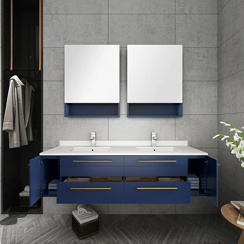 Fresca Lucera 60" Wall Hung Double Undermount Sink Modern Bathroom Vanity w/ Medicine Cabinets - Luxe Bathroom Vanities