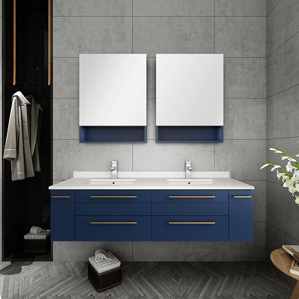 Fresca Lucera 60" Wall Hung Double Undermount Sink Modern Bathroom Vanity w/ Medicine Cabinets - Luxe Bathroom Vanities