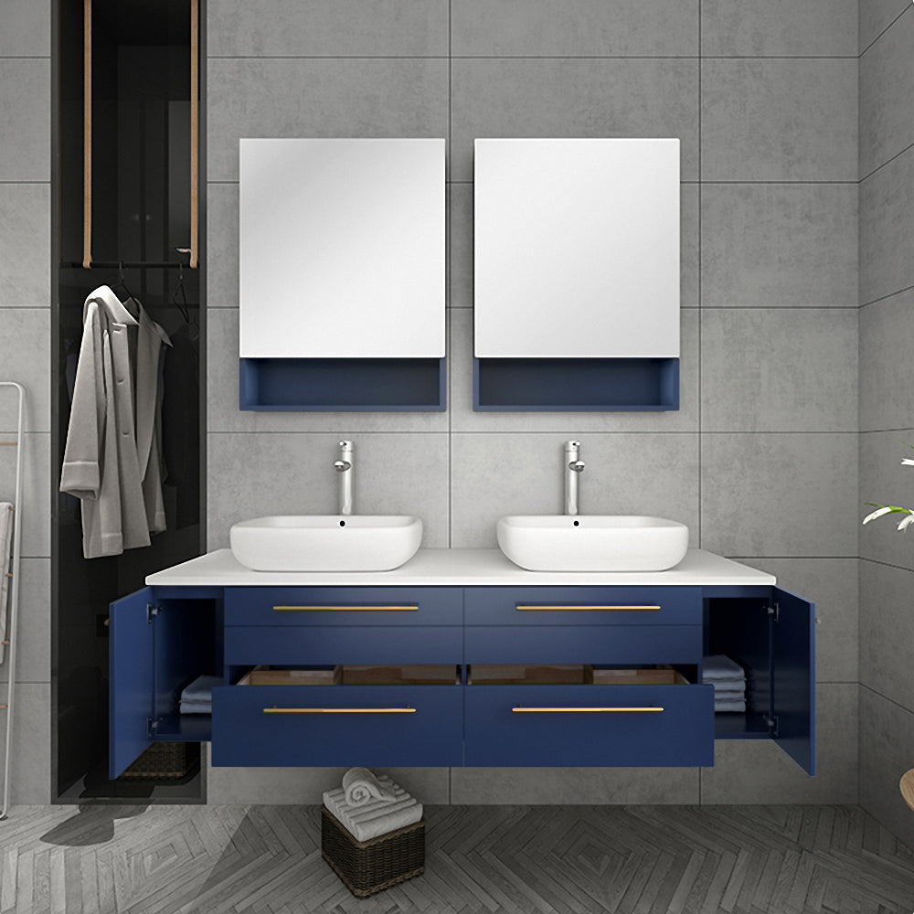 Fresca Lucera 60" Wall Hung Double Vessel Sink Modern Bathroom Vanity w/ Medicine Cabinets - Luxe Bathroom Vanities