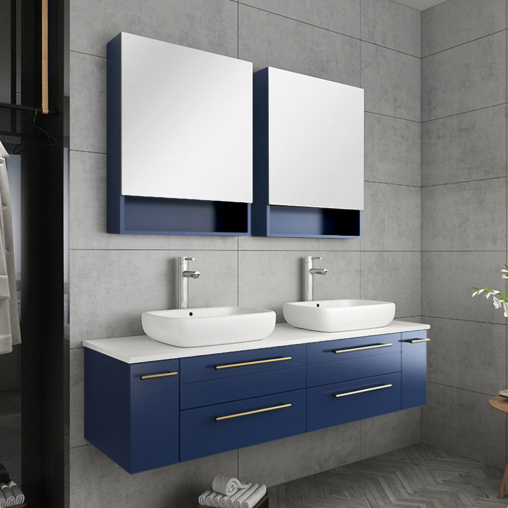 Fresca Lucera 60" Wall Hung Double Vessel Sink Modern Bathroom Vanity w/ Medicine Cabinets - Luxe Bathroom Vanities