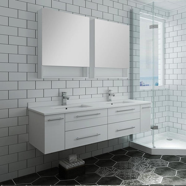 Fresca Lucera 60" White Wall Hung Double Undermount Sink Modern Bathroom Vanity w/ Medicine Cabinets - Luxe Bathroom Vanities