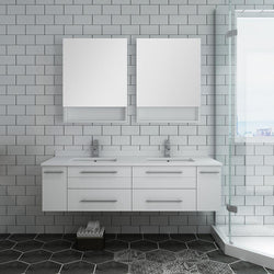 Fresca Lucera 60" White Wall Hung Double Undermount Sink Modern Bathroom Vanity w/ Medicine Cabinets - Luxe Bathroom Vanities