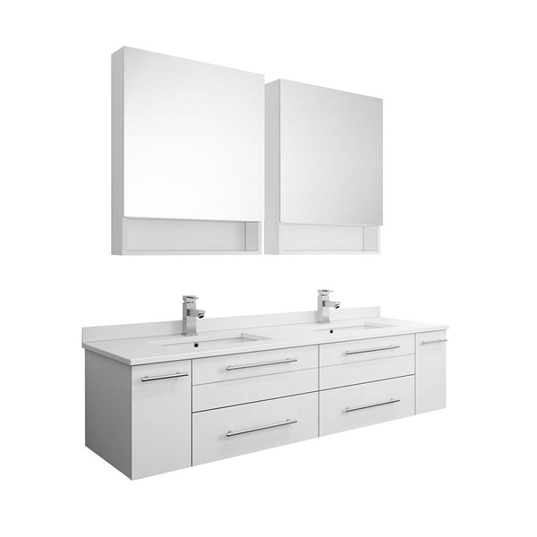 Fresca Lucera 60" White Wall Hung Double Undermount Sink Modern Bathroom Vanity w/ Medicine Cabinets - Luxe Bathroom Vanities