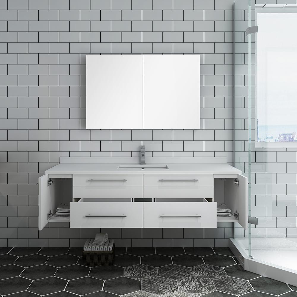 Fresca Lucera 60" White Wall Hung Single Undermount Sink Modern Bathroom Vanity w/ Medicine Cabinet - Luxe Bathroom Vanities