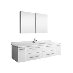 Fresca Lucera 60" White Wall Hung Single Undermount Sink Modern Bathroom Vanity w/ Medicine Cabinet - Luxe Bathroom Vanities