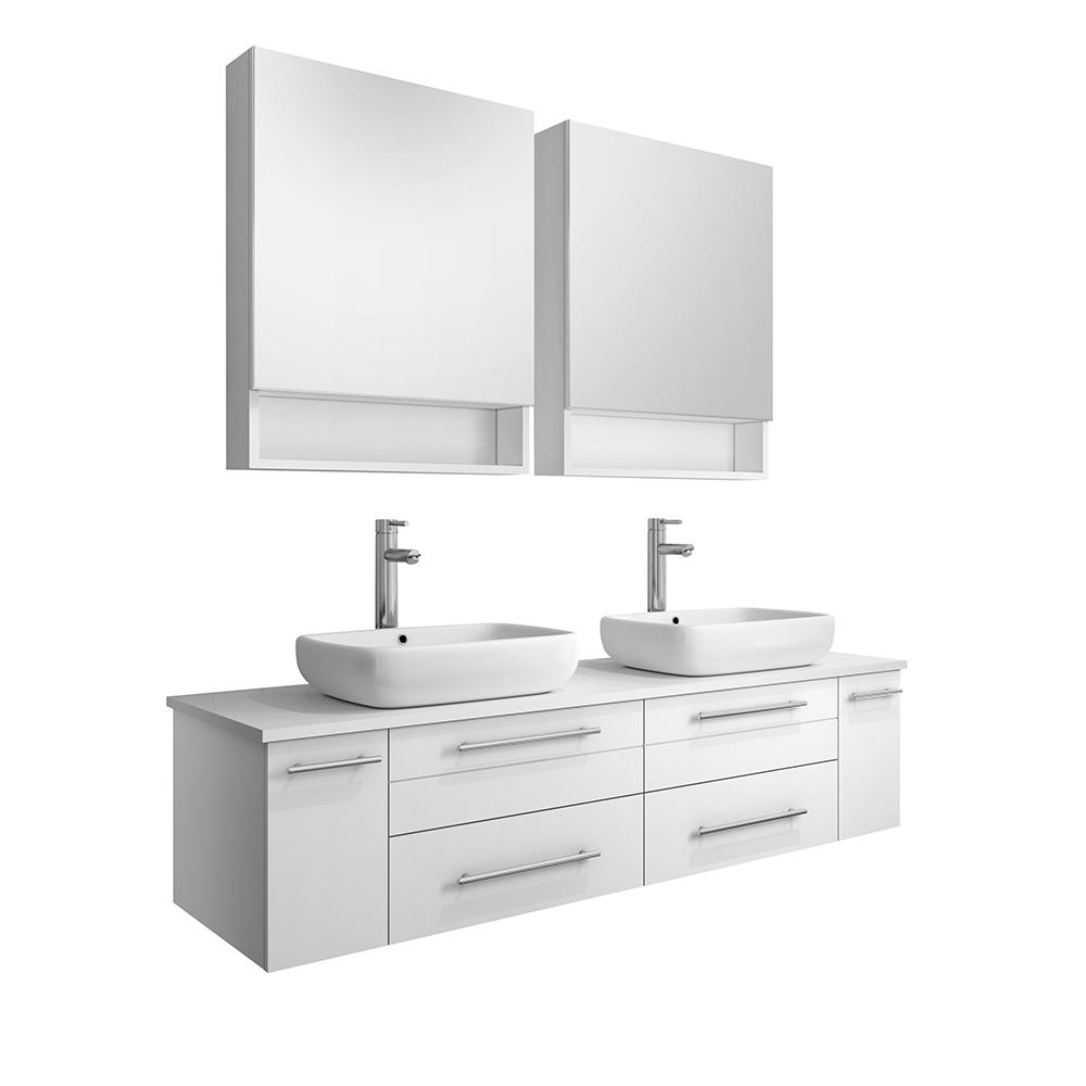 Fresca Lucera 60" White Wall Hung Double Vessel Sink Modern Bathroom Vanity w/ Medicine Cabinets - Luxe Bathroom Vanities