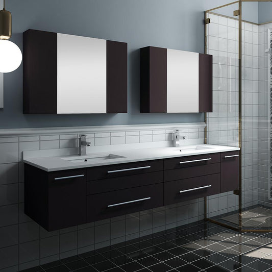 Fresca Lucera 72" Espresso Wall Hung Double Undermount Sink Modern Bathroom Vanity w/ Medicine Cabinets - Luxe Bathroom Vanities