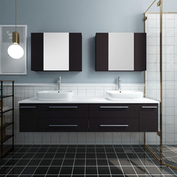 Fresca Lucera 72" Espresso Wall Hung Double Vessel Sink Modern Bathroom Vanity w/ Medicine Cabinets - Luxe Bathroom Vanities