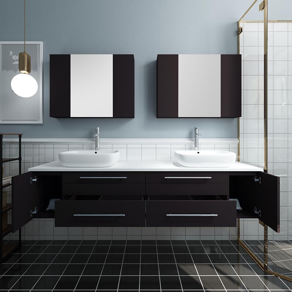 Fresca Lucera 72" Espresso Wall Hung Double Vessel Sink Modern Bathroom Vanity w/ Medicine Cabinets - Luxe Bathroom Vanities