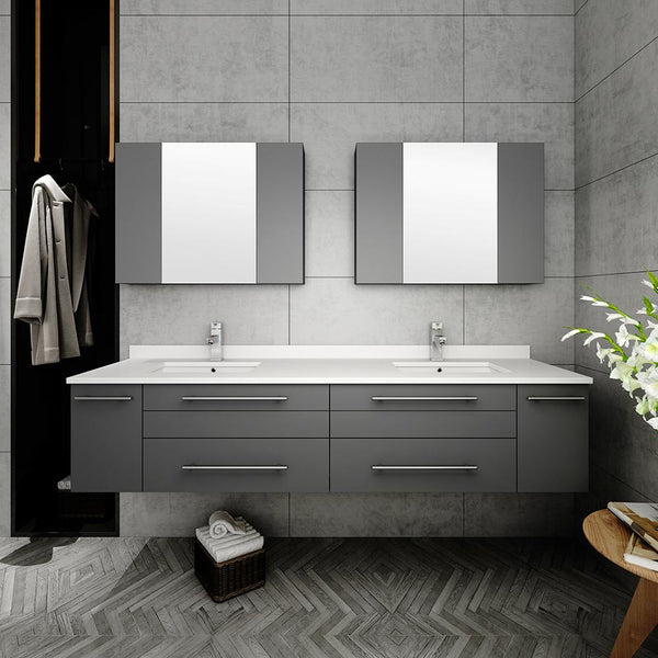 Fresca Lucera 72" Gray Wall Hung Double Undermount Sink Modern Bathroom Vanity w/ Medicine Cabinets - Luxe Bathroom Vanities