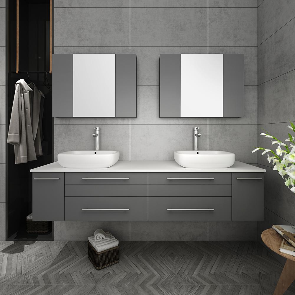 Fresca Lucera 72" Gray Wall Hung Double Vessel Sink Modern Bathroom Vanity w/ Medicine Cabinets - Luxe Bathroom Vanities