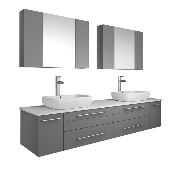Fresca Lucera 72" Gray Wall Hung Double Vessel Sink Modern Bathroom Vanity w/ Medicine Cabinets - Luxe Bathroom Vanities