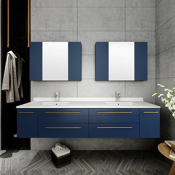 Fresca Lucera 72" Wall Hung Double Undermount Sink Modern Bathroom Vanity w/ Medicine Cabinets - Luxe Bathroom Vanities