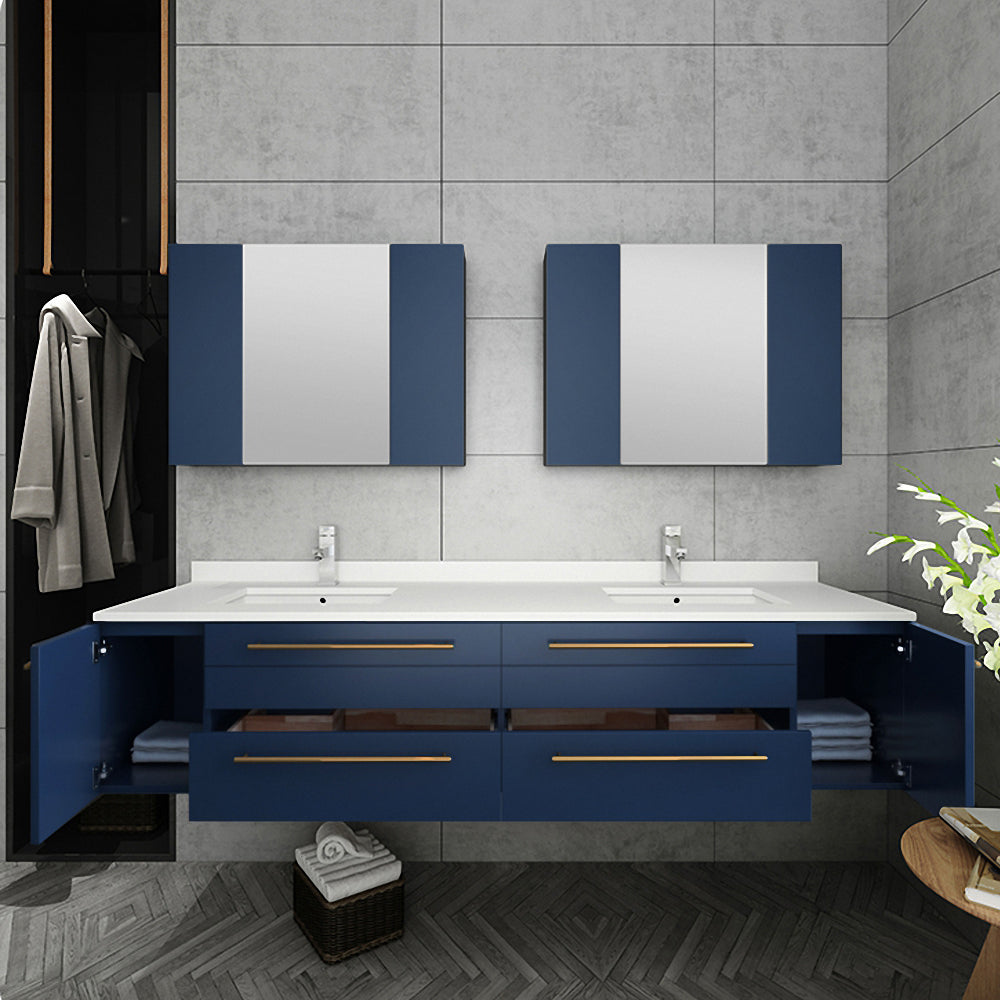 Fresca Lucera 72" Wall Hung Double Undermount Sink Modern Bathroom Vanity w/ Medicine Cabinets - Luxe Bathroom Vanities