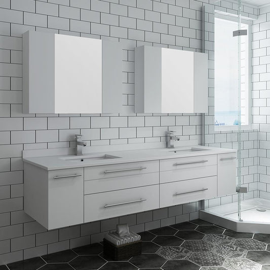 Fresca Lucera 72" White Wall Hung Double Undermount Sink Modern Bathroom Vanity w/ Medicine Cabinets - Luxe Bathroom Vanities