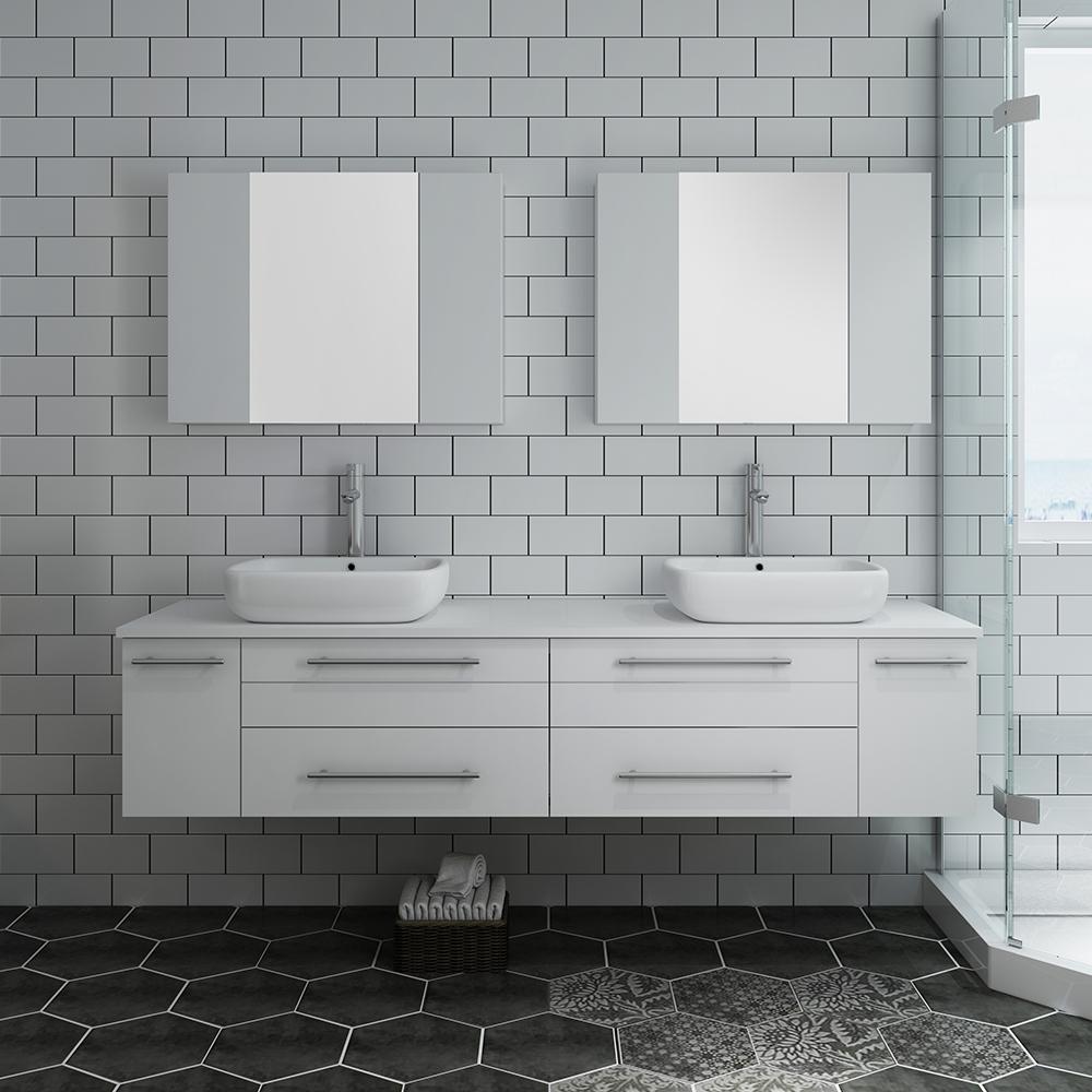 Fresca Lucera 72" White Wall Hung Double Vessel Sink Modern Bathroom Vanity w/ Medicine Cabinets - Luxe Bathroom Vanities