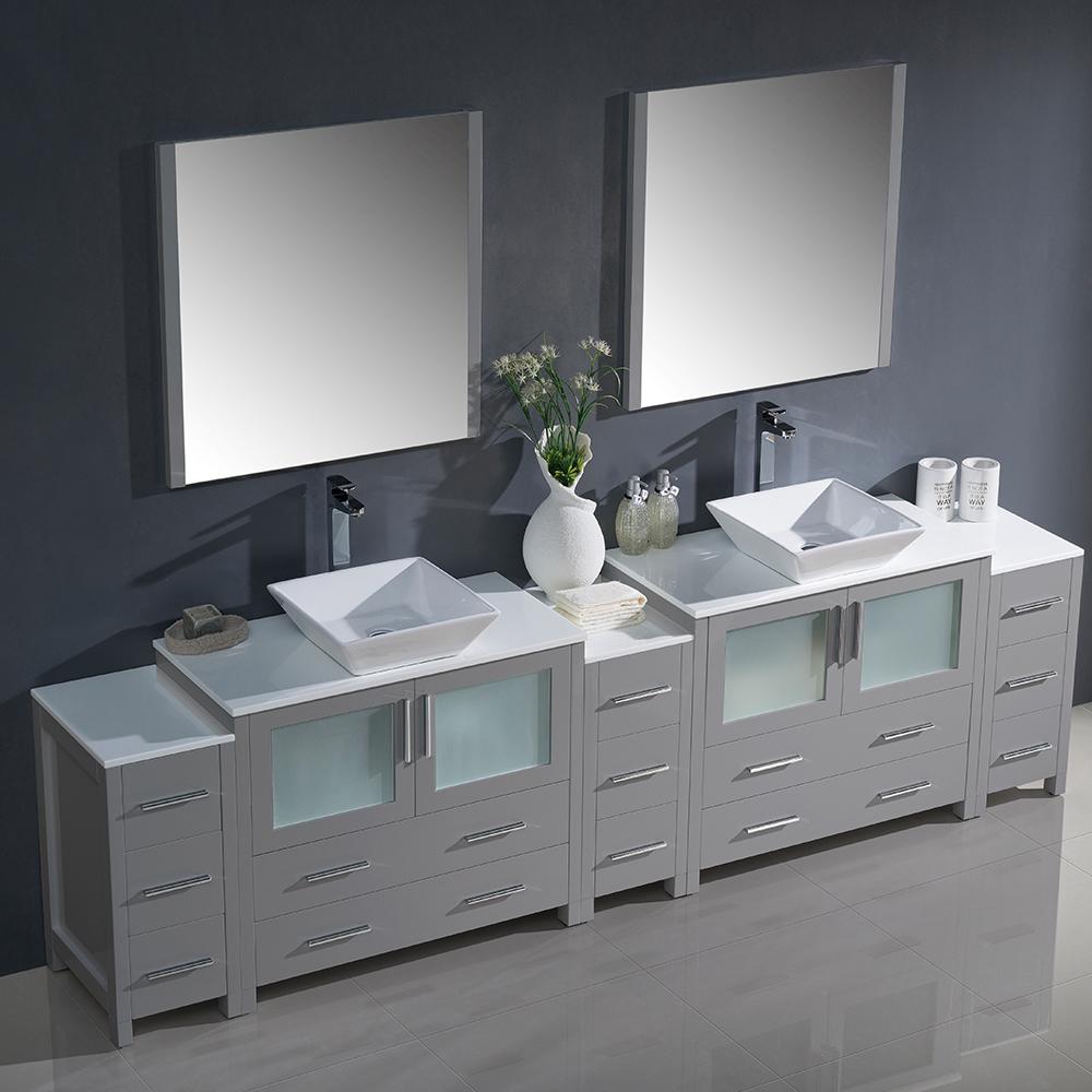 Fresca Torino 108" Gray Modern Double Sink Bathroom Vanity w/ 3 Side Cabinets & Vessel Sinks - Luxe Bathroom Vanities