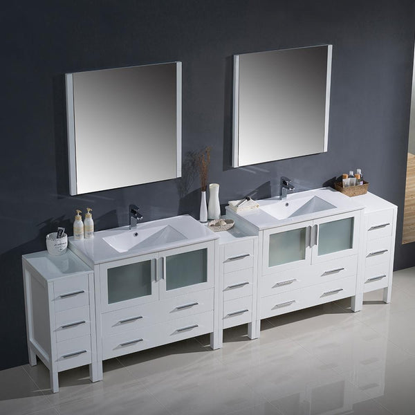 Fresca Torino 108" White Modern Double Sink Bathroom Vanity w/ 3 Side Cabinets & Integrated Sinks - Luxe Bathroom Vanities