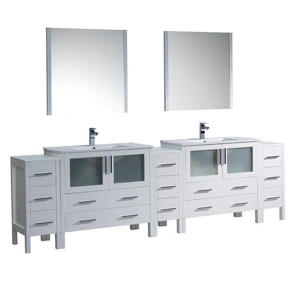 Fresca Torino 108" White Modern Double Sink Bathroom Vanity w/ 3 Side Cabinets & Integrated Sinks - Luxe Bathroom Vanities