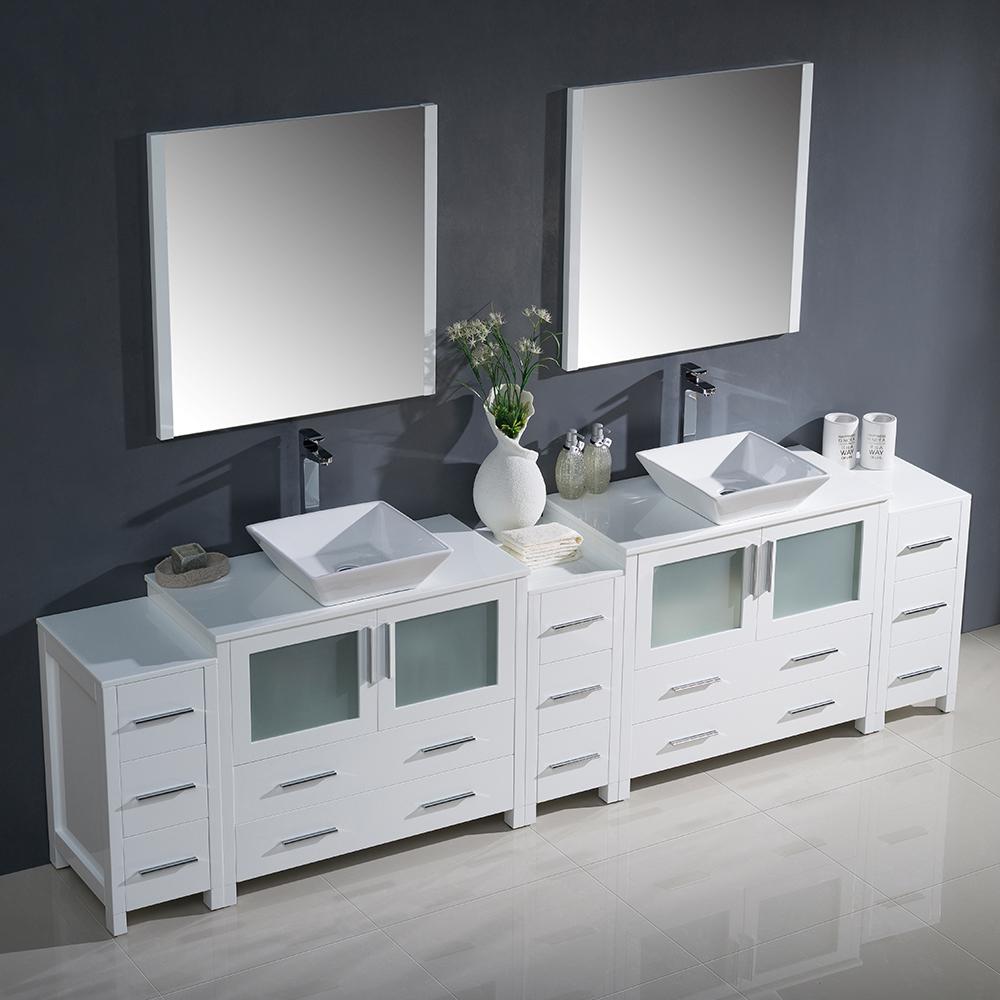 Fresca Torino 108" White Modern Double Sink Bathroom Vanity w/ 3 Side Cabinets & Vessel Sinks - Luxe Bathroom Vanities