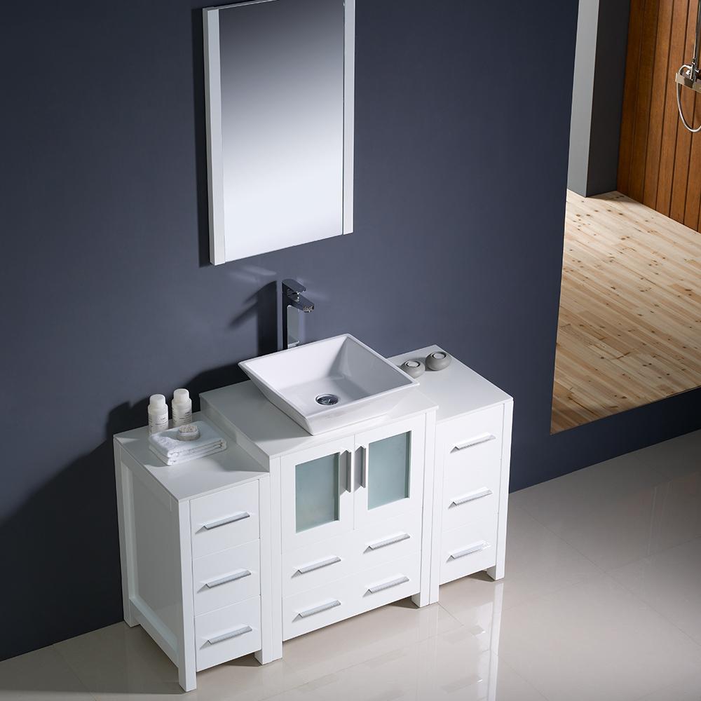 Fresca Torino 48" White Modern Bathroom Vanity w/ 2 Side Cabinets & Vessel Sink - Luxe Bathroom Vanities