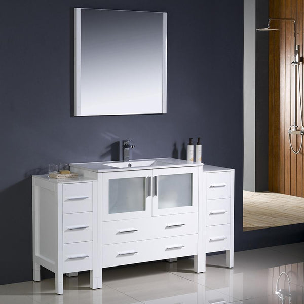 Fresca Torino 60" White Modern Bathroom Vanity w/ 2 Side Cabinets & Integrated Sink - Luxe Bathroom Vanities