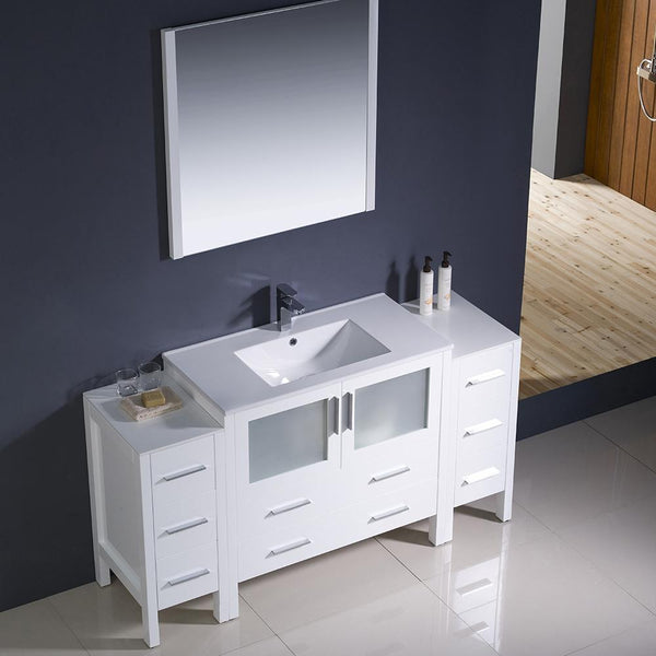 Fresca Torino 60" White Modern Bathroom Vanity w/ 2 Side Cabinets & Integrated Sink - Luxe Bathroom Vanities